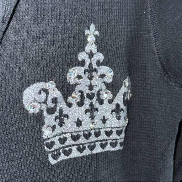 Yvette Mandell Black Crown Henley Sz Small Embellished Rhinestones Thermal - Picture 5 of 7
